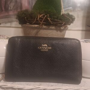 Coach Black Long Pebbled Leather Zip Wallet